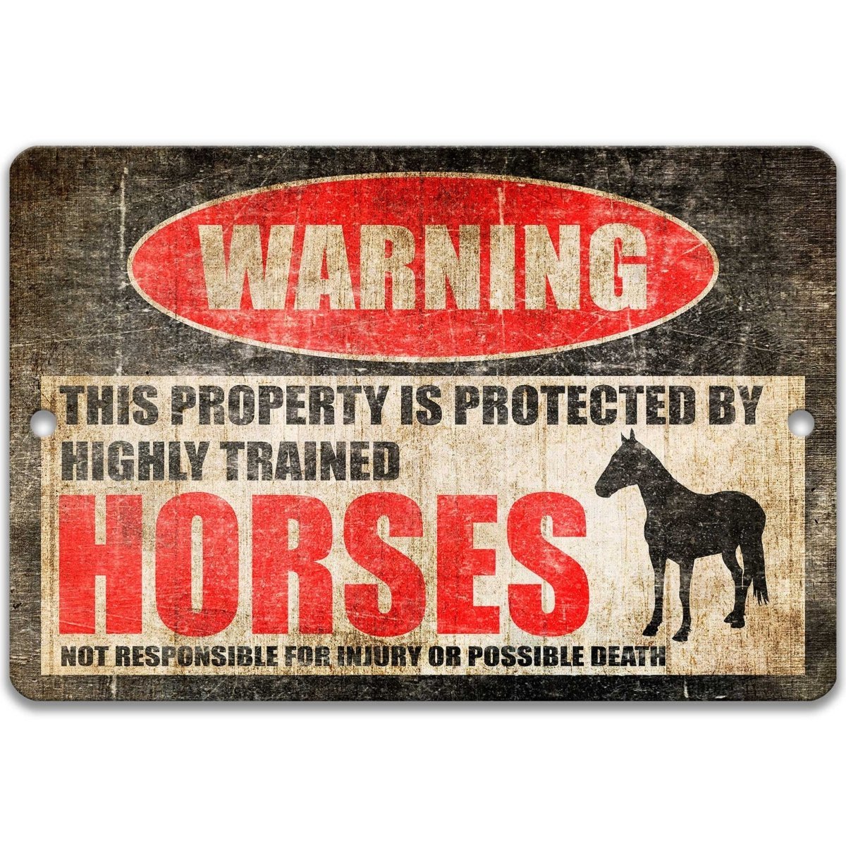 Horses warning sign, red WARNING oval, this property is protected by highly trained Horses, with horse silhouette