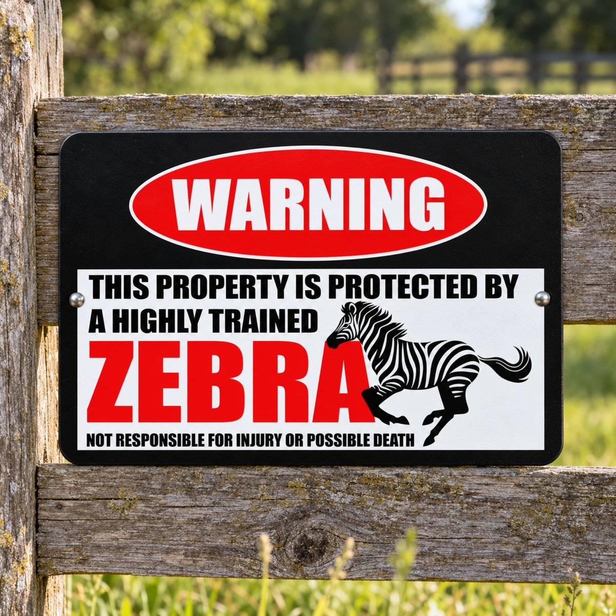 Zebra metal warning sign showing the word ZEBRA and the not responsible for injury or possible death line