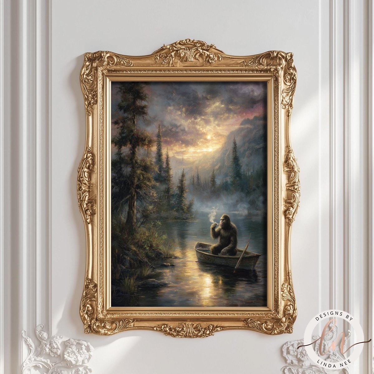 a person sitting in a boat on a river, surrounded by a forest landscape with a sunset sky in the background.