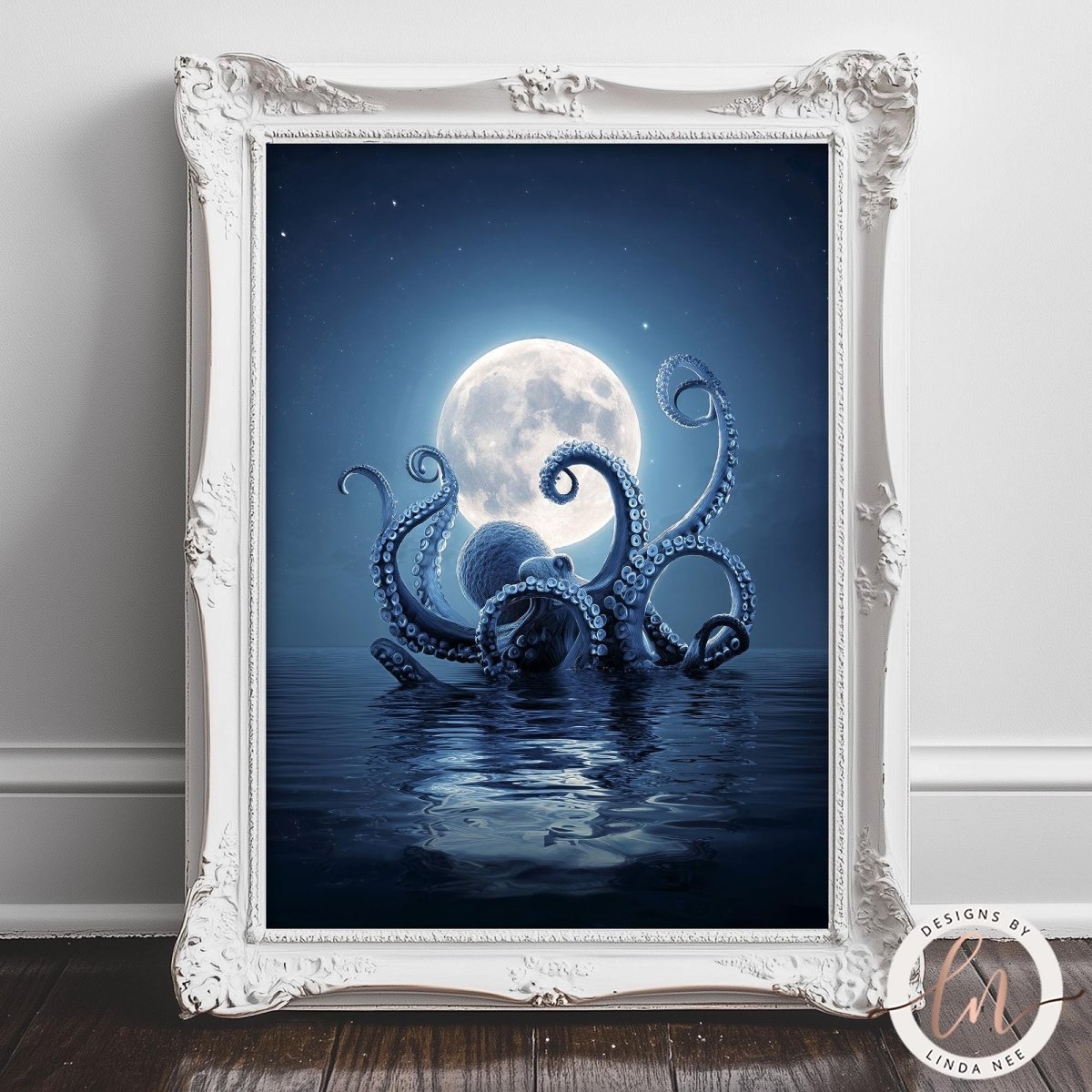 A framed image depicting a large octopus with tentacles extending towards a full moon in the night sky.