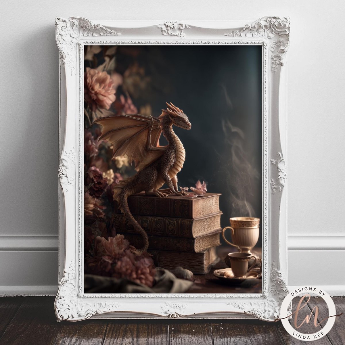 A framed image depicting a dragon perched on a stack of books, with a cup of tea nearby, set against a backdrop of pink and white flowers.