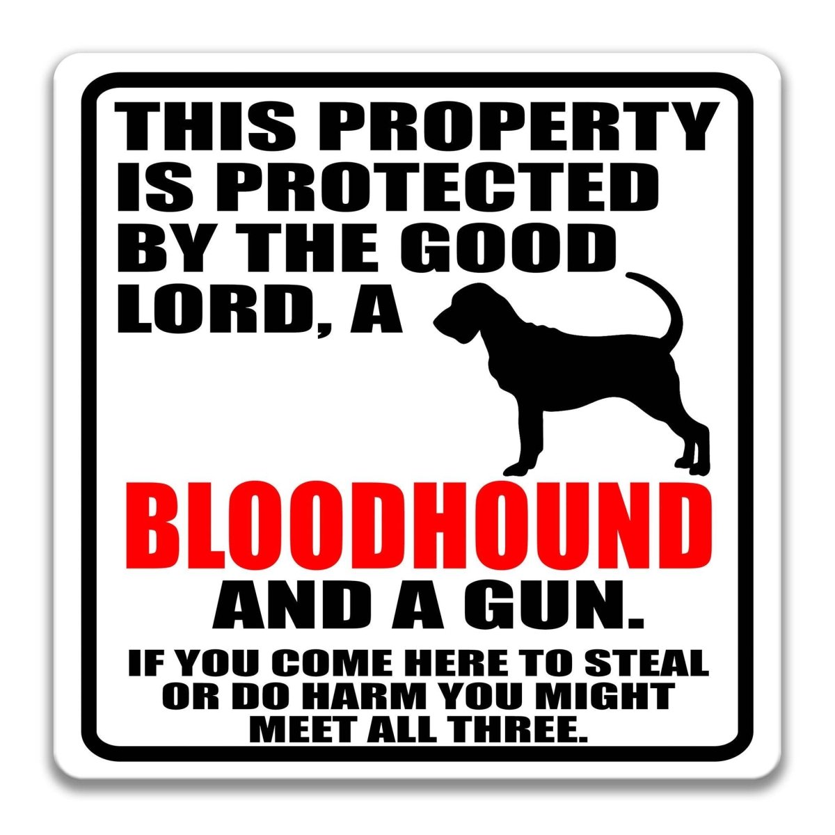 a sign with a warning about a property protected by a good Lord, a Bloodhound, and a gun. The sign also includes a cautionary message about potential theft or harm if someone comes to steal or harm the property.