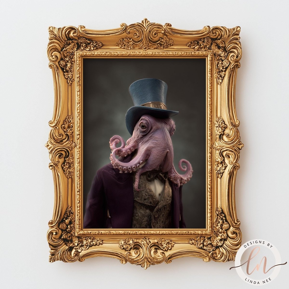 A framed image of an octopus wearing a top hat and a purple suit, with a dark background.