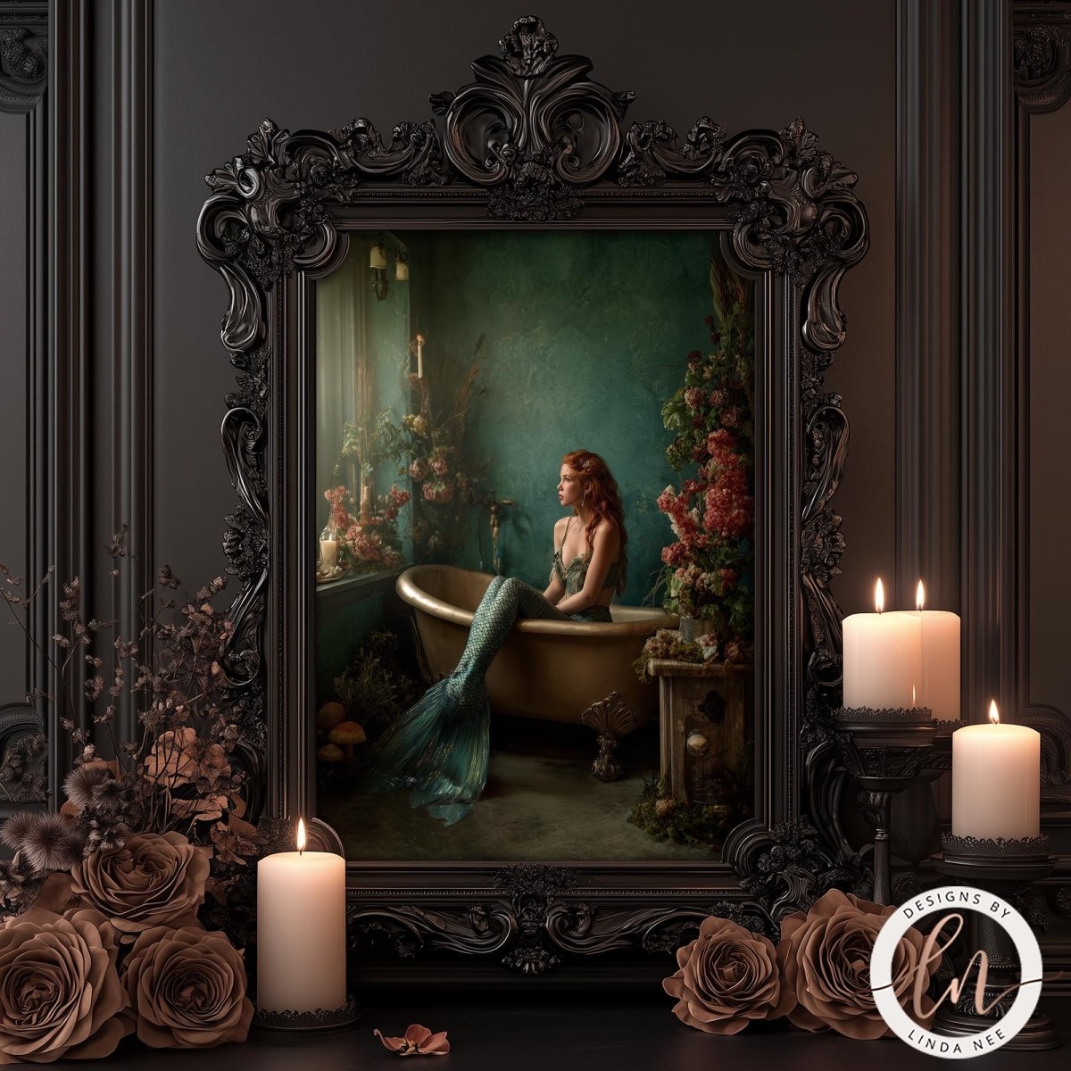A dark, moody fine art image of a mermaid with long, wavy red hair sitting in a vintage copper bathtub. The background is a textured, deep emerald green wall adorned with botanical elements and a single candle. Her long, iridescent teal and gold tail drapes over the side of the tub onto the dark floor.