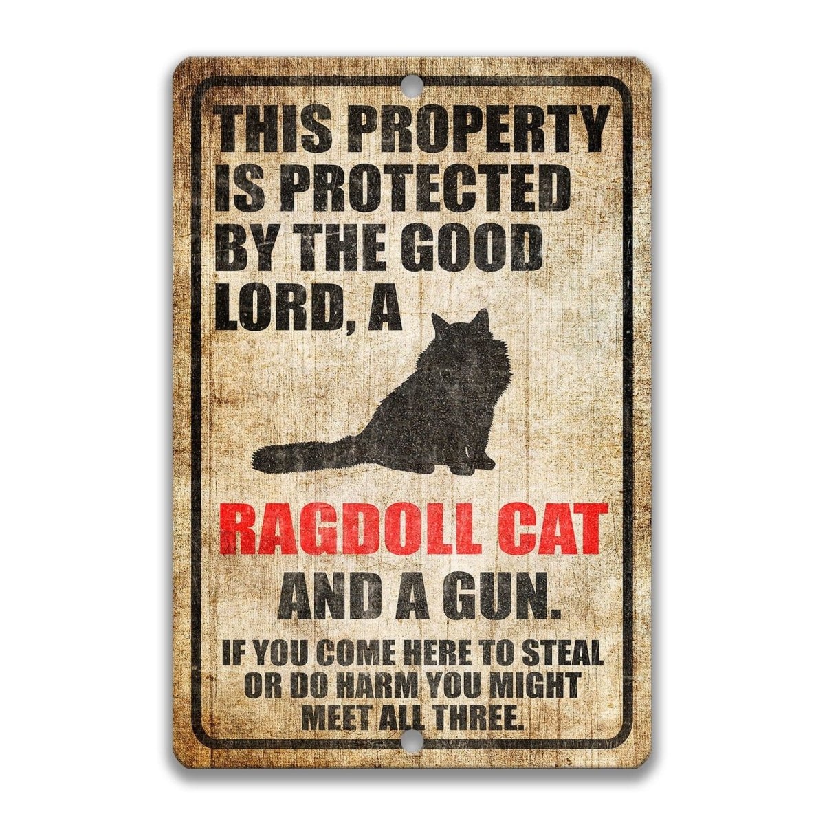 The image is a sign that warns people about a Ragdoll cat and a gun, cautioning that if they come to steal or harm the cat or do harm to the gun, they might encounter the cat and the gun.