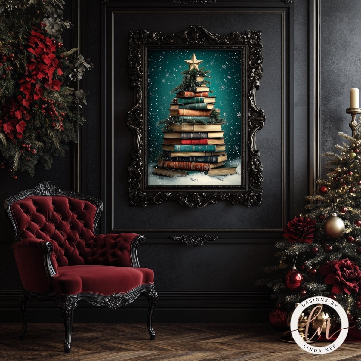 Book Christmas tree wall art displayed with red flowers and a red velvet chair