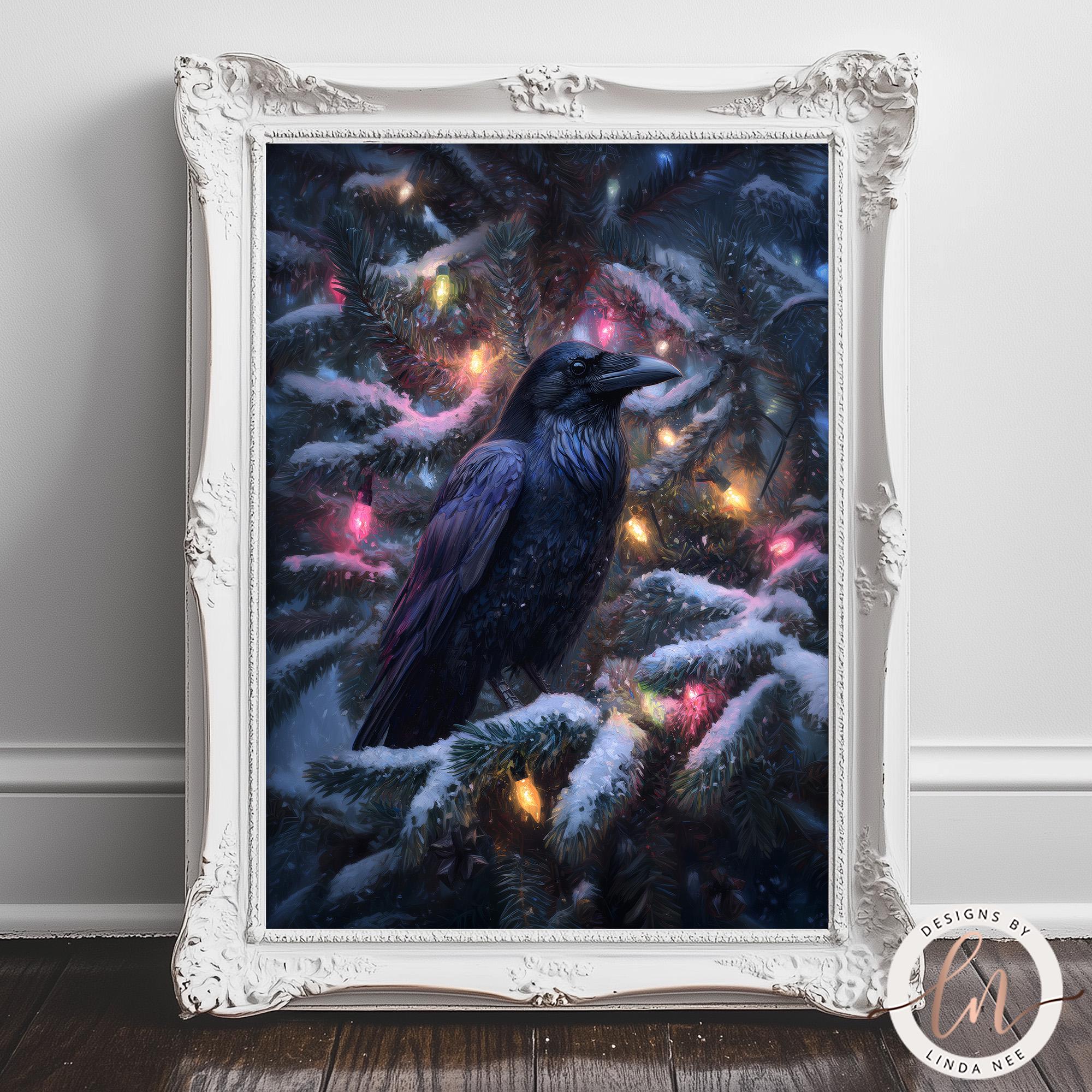 A black crow perched on a snow-covered pine tree, surrounded by twinkling Christmas lights.