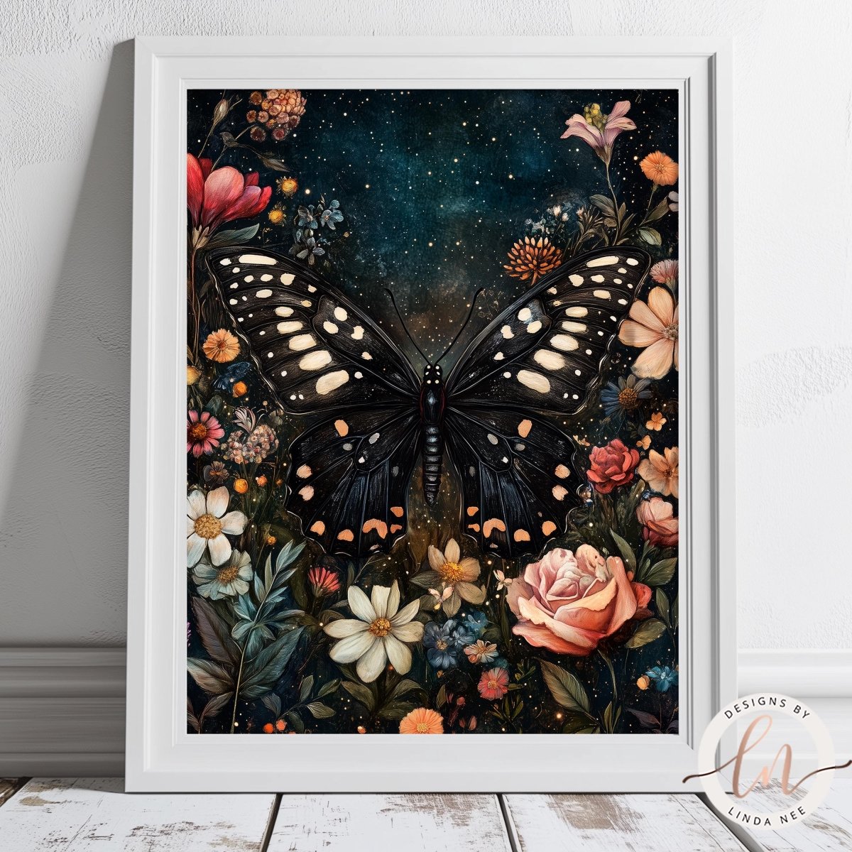 Black butterfly among vivid flowers against a starry backdrop
