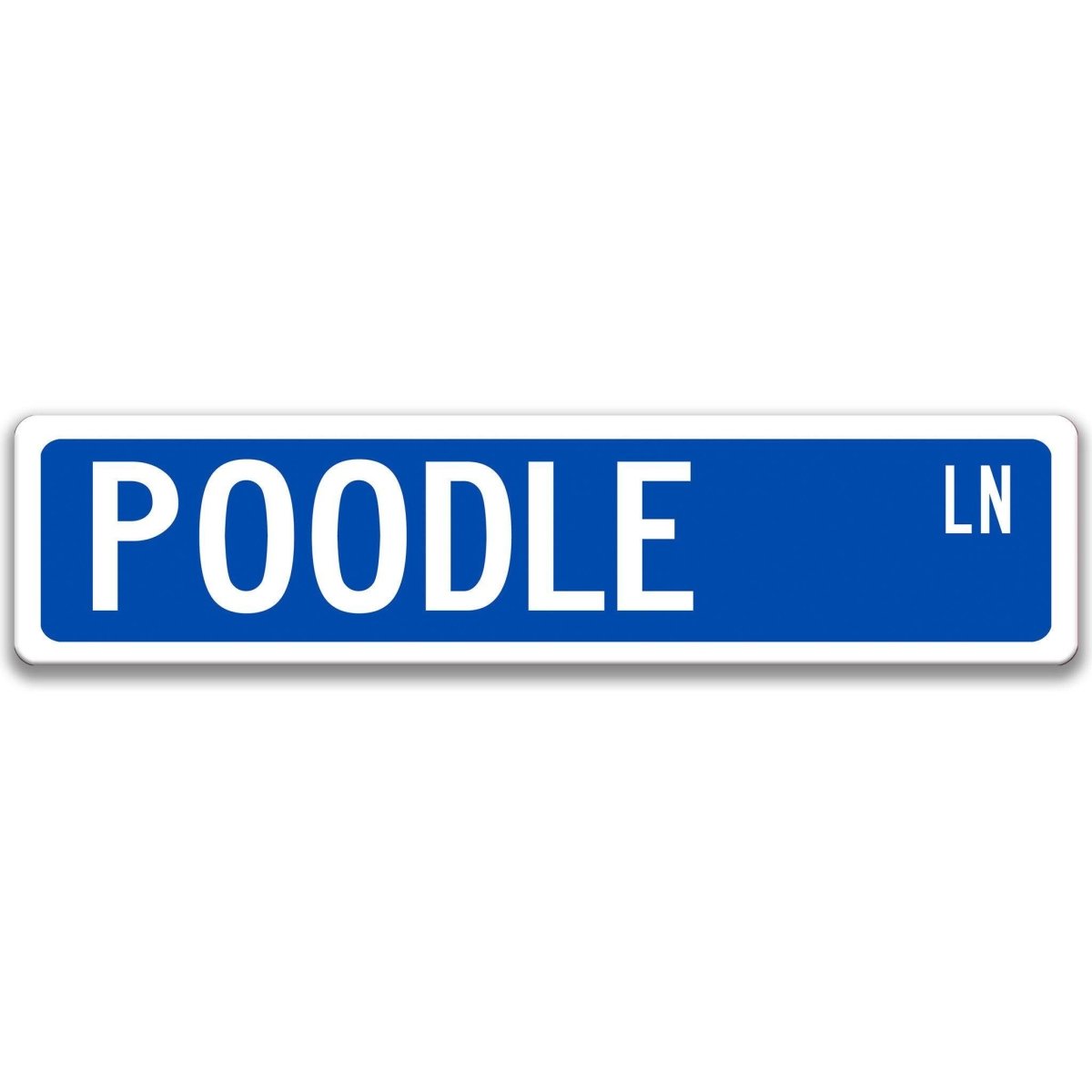 Blue Poodle DR aluminum street sign with white lettering