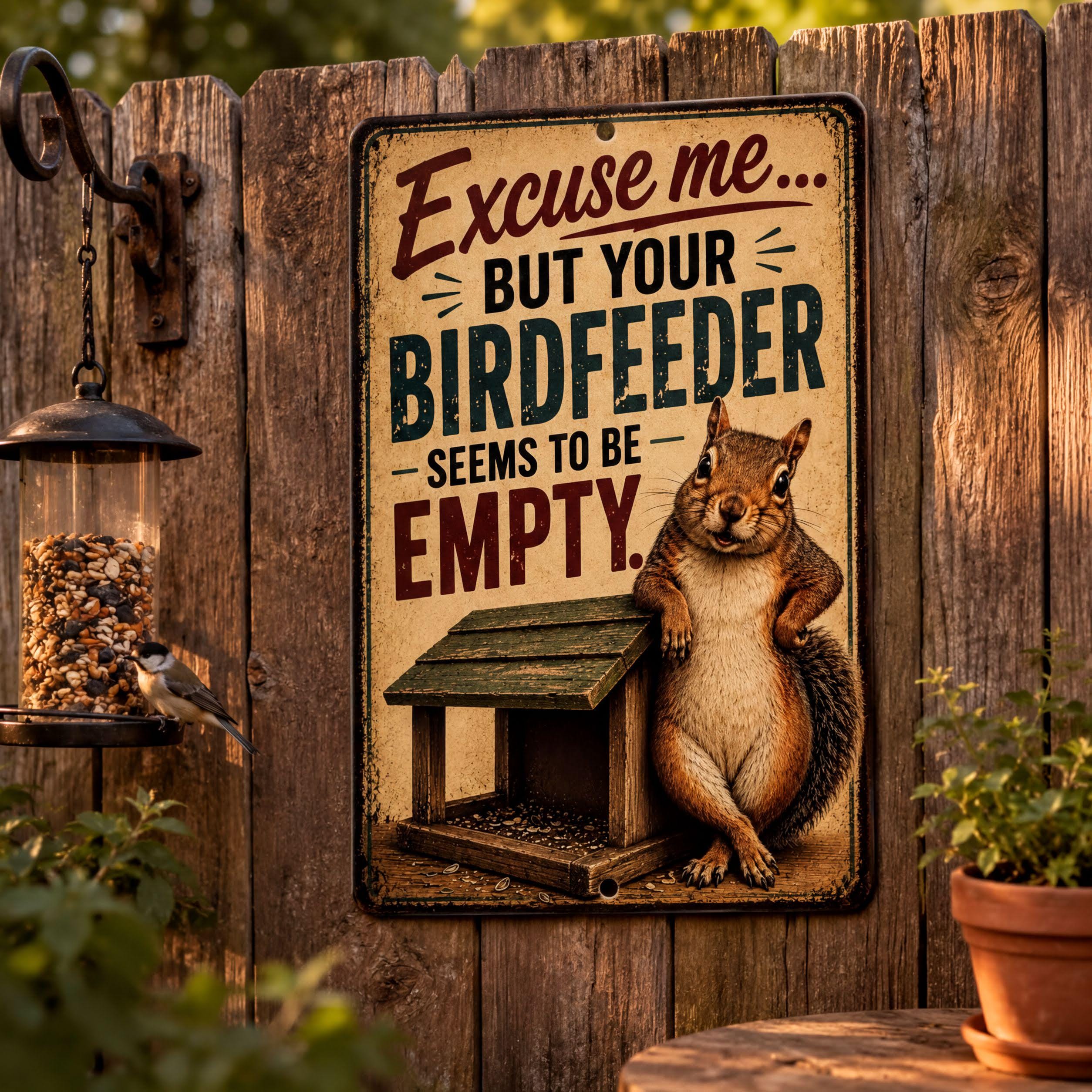 a sign with a cartoon squirrel and a bird feeder, mounted on a wooden fence.