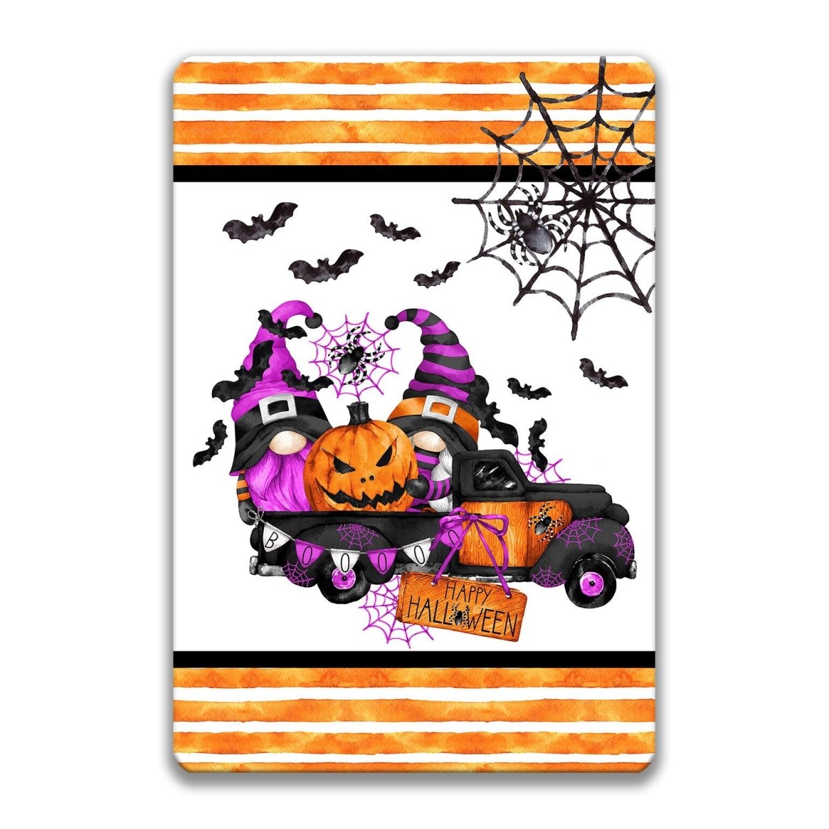 A Halloween-themed illustration featuring a truck with two gnomes, a jack-o-lantern, and a spider web. The background is striped in orange and black, and there are bats flying around. The text "Merry HALLOWEEN" is displayed on the truck.