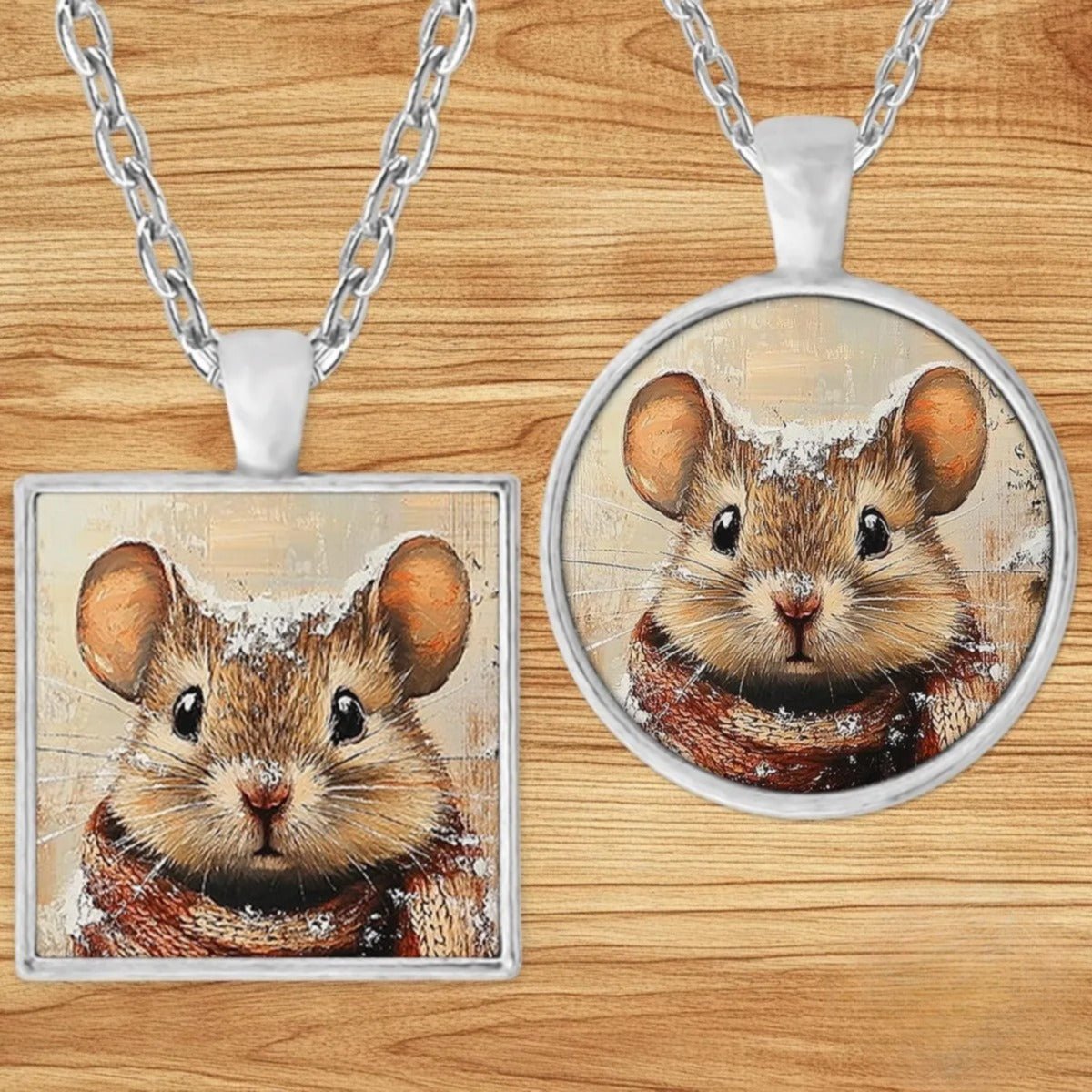 Mouse in a Plaid Scarf pendant necklace shown in round and square silver charm styles on a wood background