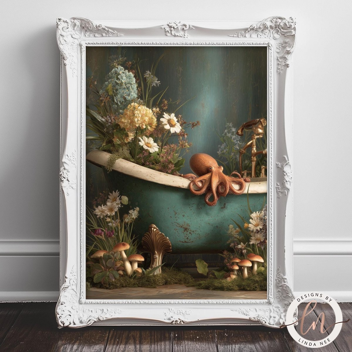 A framed image depicting a bathtub filled with flowers and mushrooms, with an orange octopus resting on the edge of the tub.