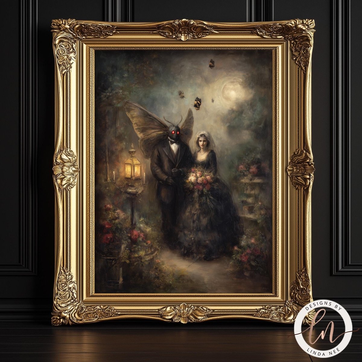 The image is a painting of a couple standing in a garden, with a large winged creature, possibly a fairy or dragon, hovering above them. The painting is framed in an ornate gold frame and is displayed on a dark wall.