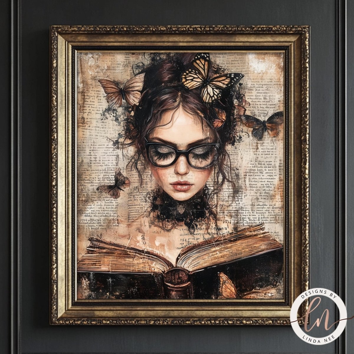 Butterfly wall art of a woman reading with a book in hand