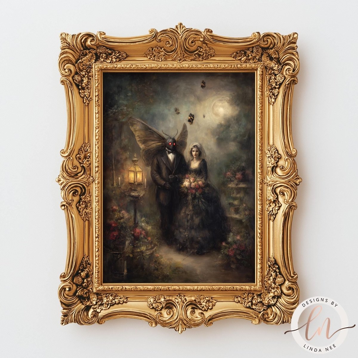 The image is a painting of a couple dressed in formal attire, standing in a garden setting with a large winged creature in the background.