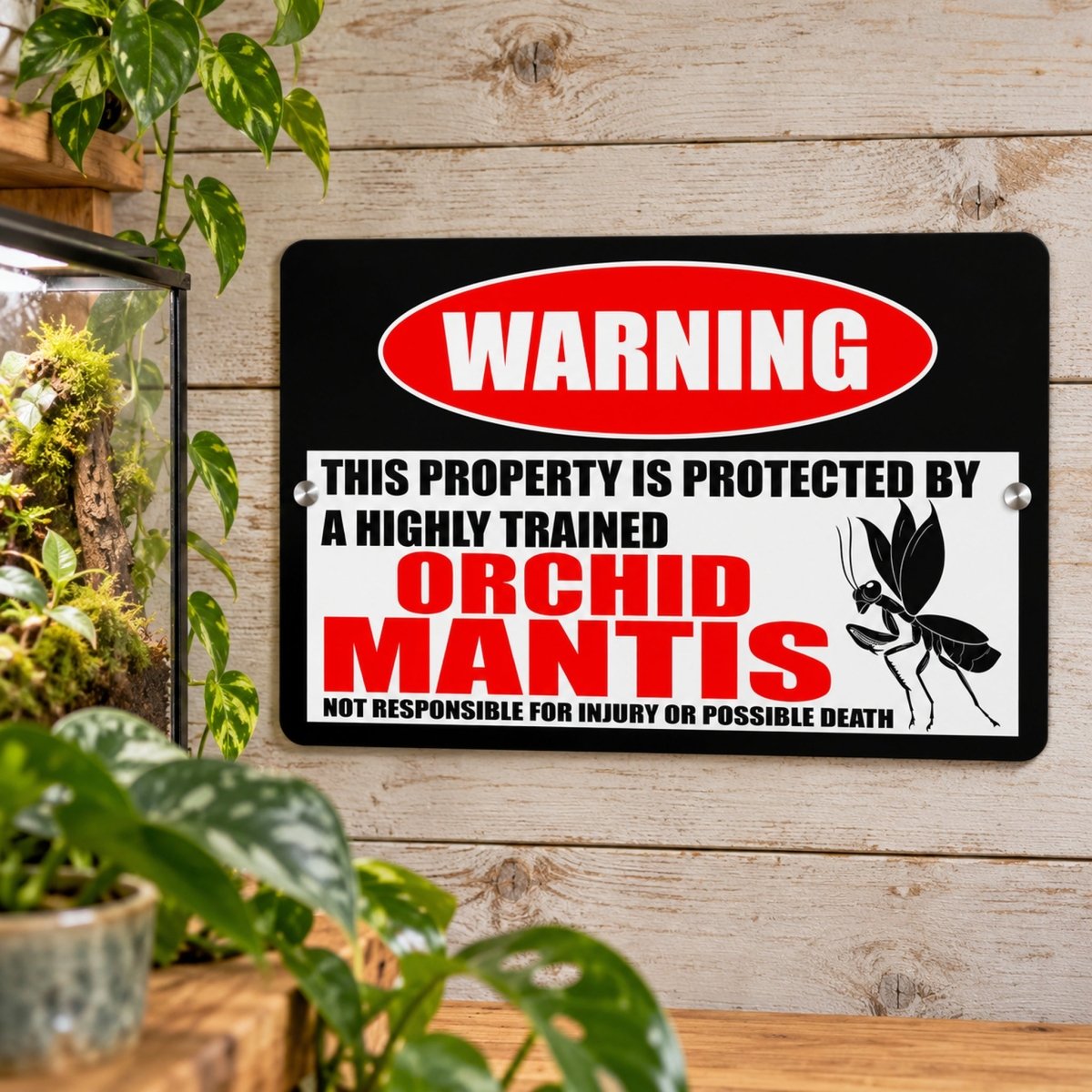 Highly trained orchid mantis metal warning sign with the not responsible for injury or possible death disclaimer
