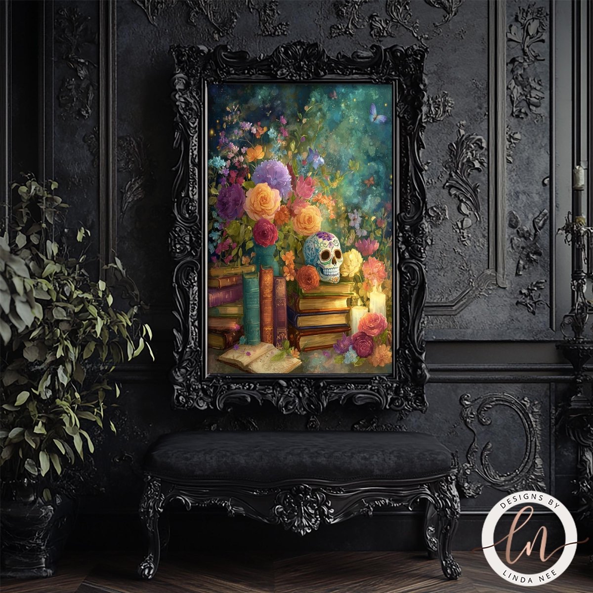 a large, ornate black frame with a painting of a skull surrounded by flowers and books, set against a dark, textured wall.