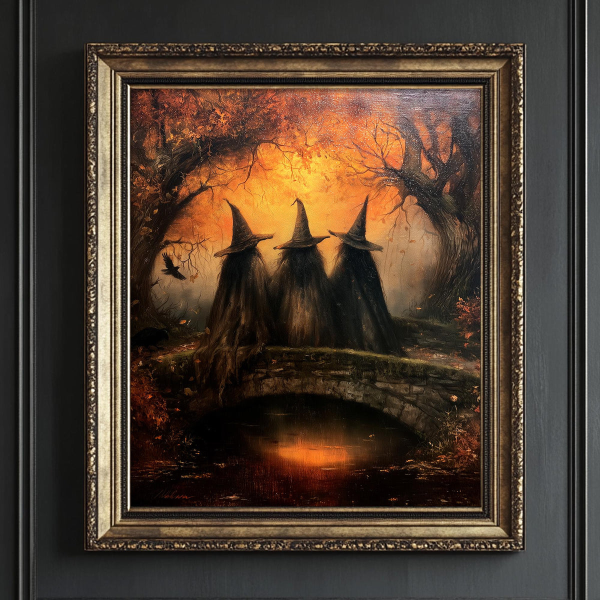 Coven on the bridge backed by amber autumn trees and drifting mist