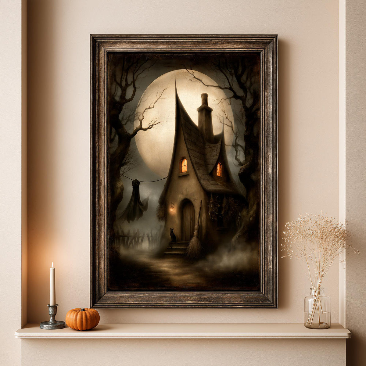 Full artwork view of the crooked cottage and the huge moon behind the bare trees