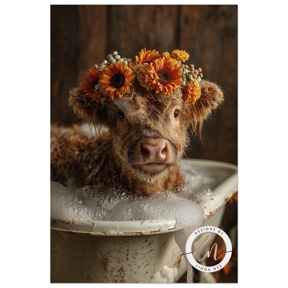 A cow wearing a flower crown is sitting in a white bathtub filled with bubbles, creating a whimsical and playful scene.