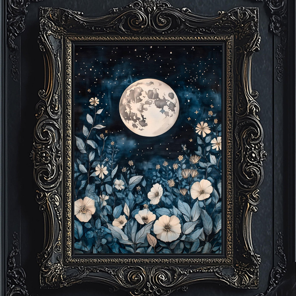 The image is a framed painting depicting a night scene with a full moon, flowers, and stars against a dark blue background.