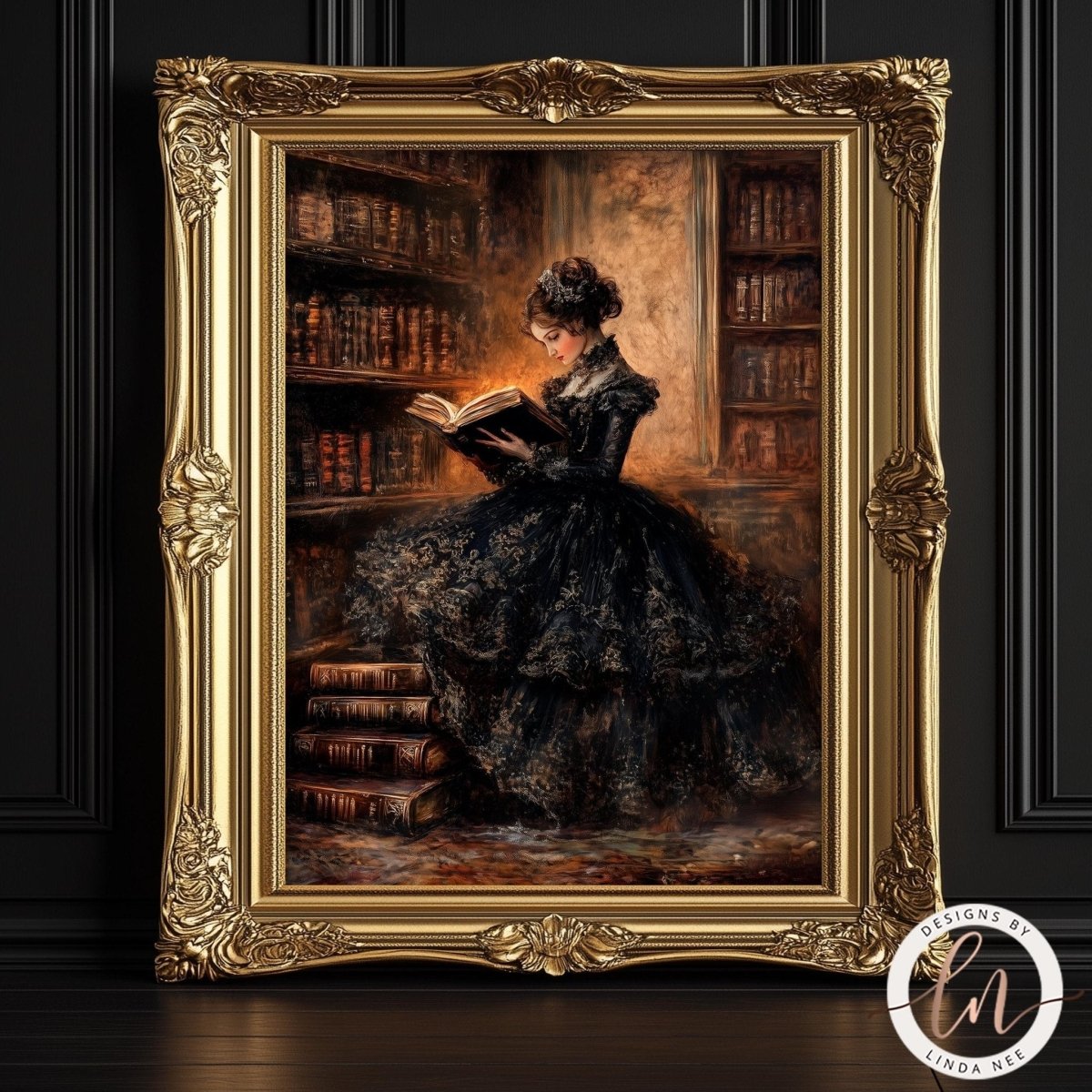 Woman in an ornate black dress reading in a library