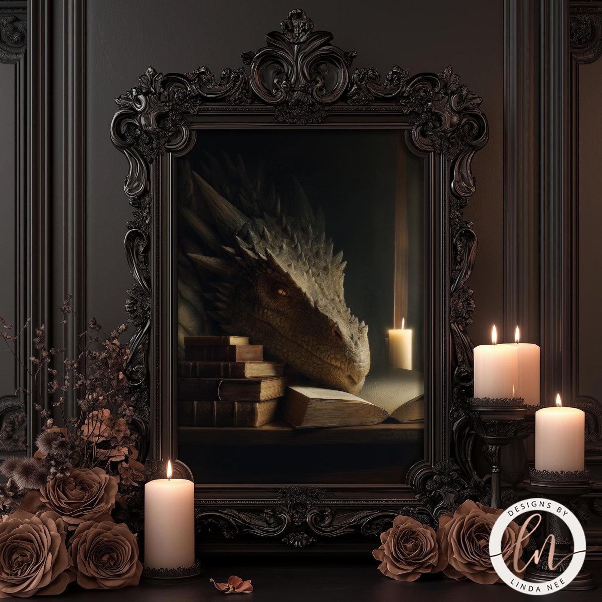 a large, ornate frame with a painting of a dragon inside it, surrounded by candles and flowers.