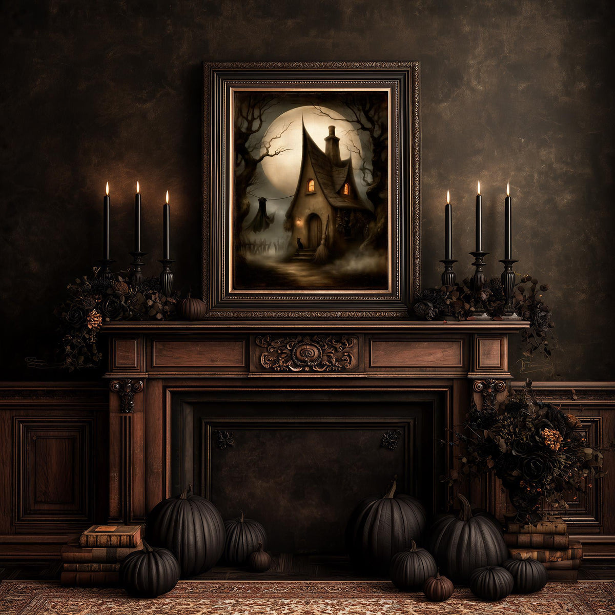 Fireplace dressed with pumpkins and candles under the witch house artwork
