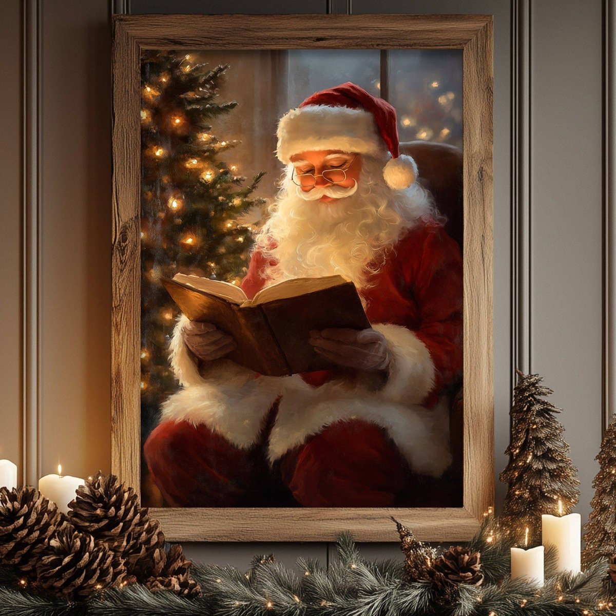 Santa Claus reading a book, art print styled with pine cones and lit candles