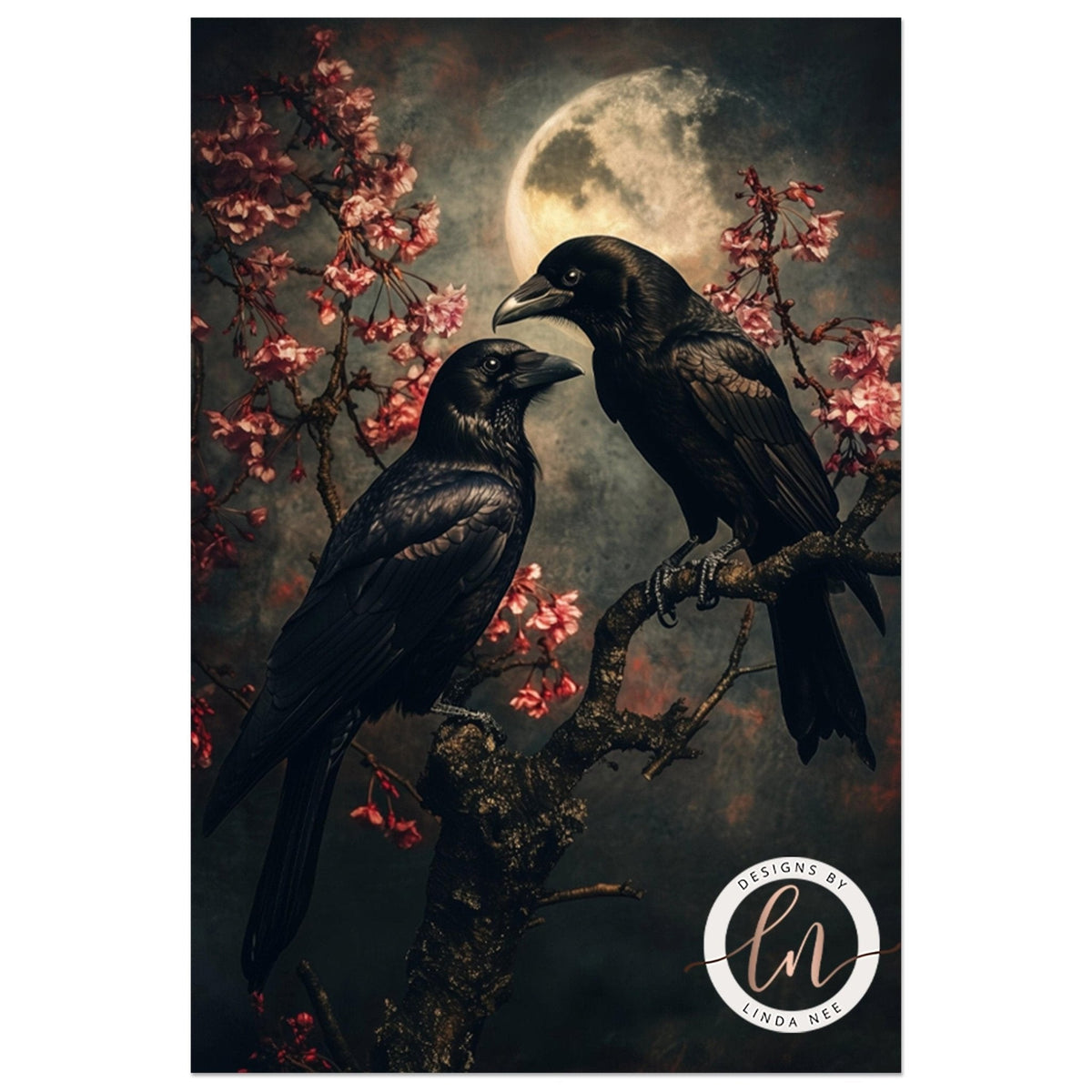 Raven pair artwork with a full moon glowing softly behind them