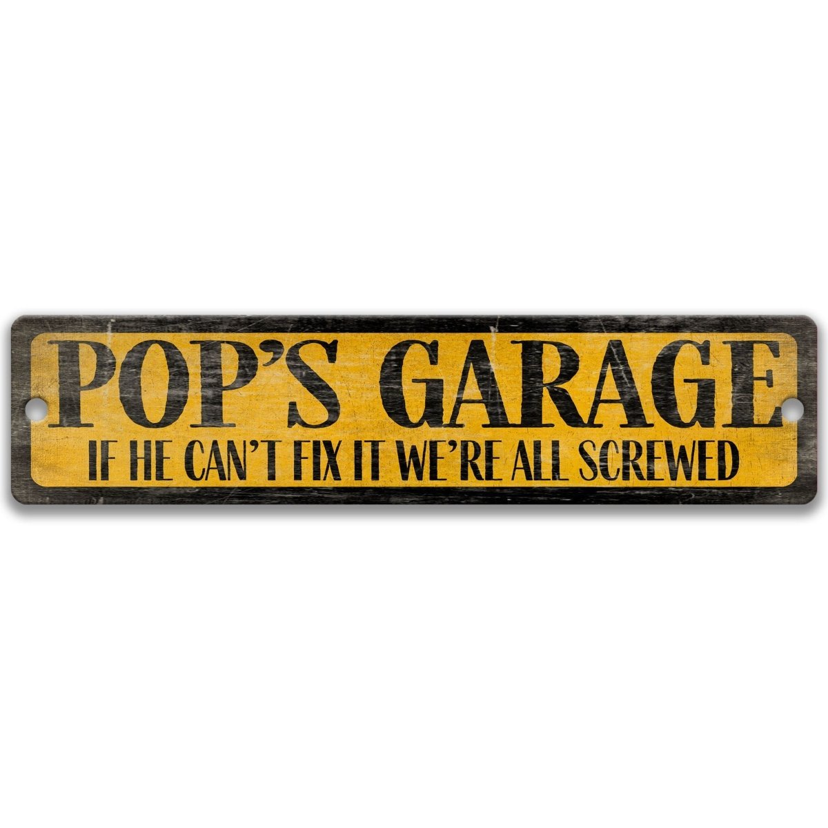 a sign with the text "POP'S GARAGE" in bold black letters on a yellow background.