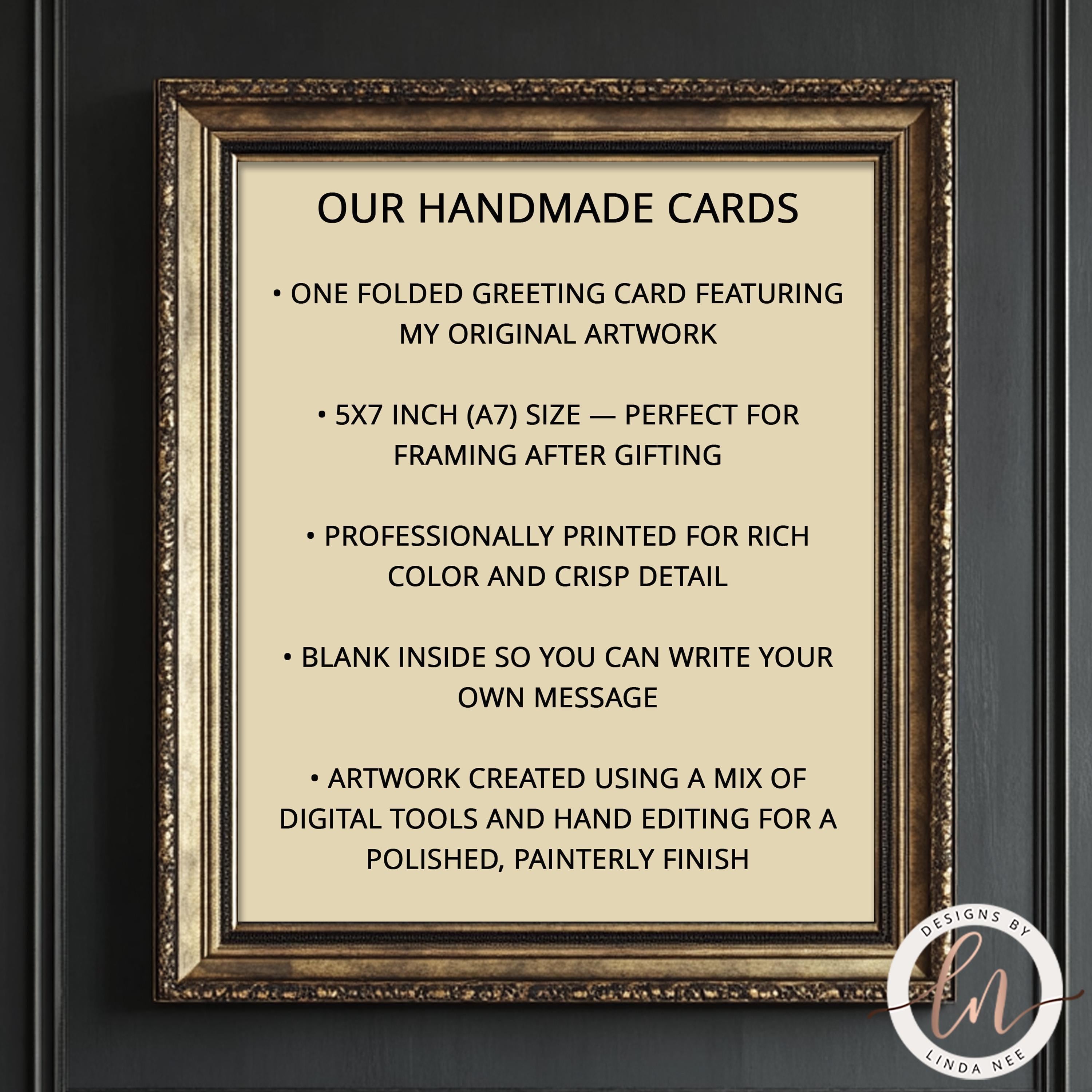 Framed description of handmade cards with gold frame and black text on a dark background