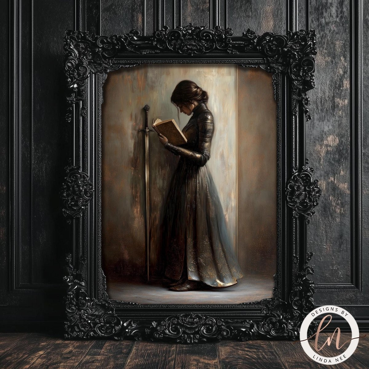 A woman in a long, flowing dress stands in a dimly lit room, engrossed in reading a book. The painting is framed in an ornate black frame and is displayed on a dark wooden surface.