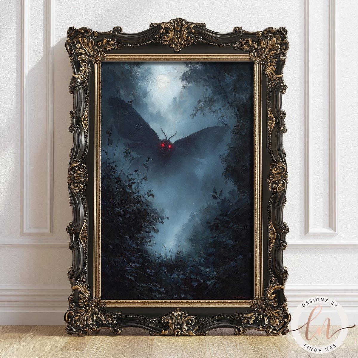 Winged cryptid with glowing red eyes flying through a foggy forest
