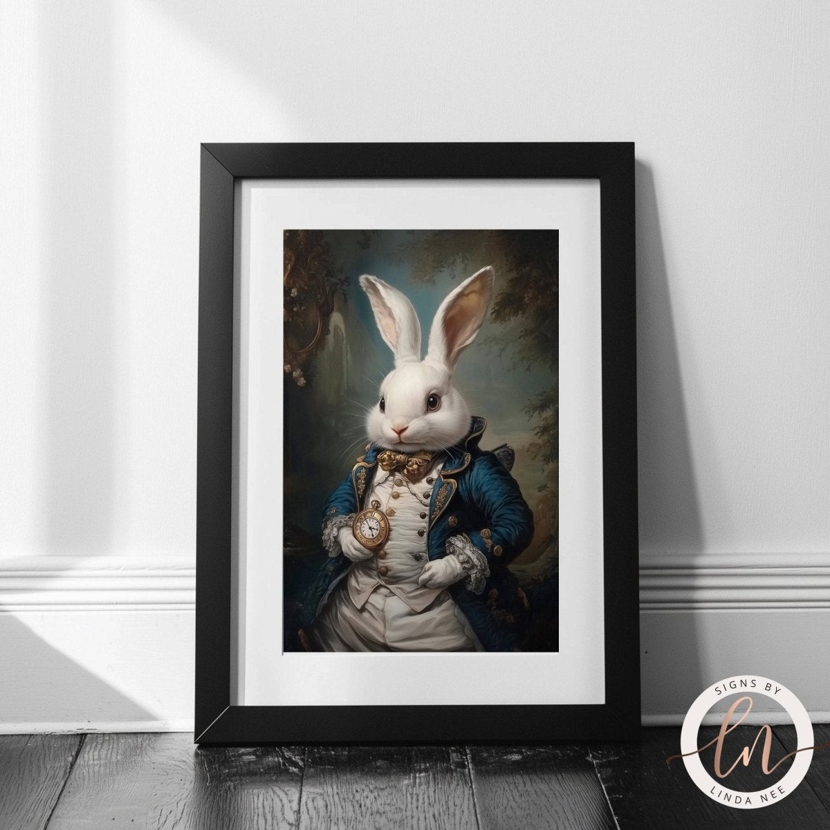 White rabbit with pocket watch artwork against a dark background