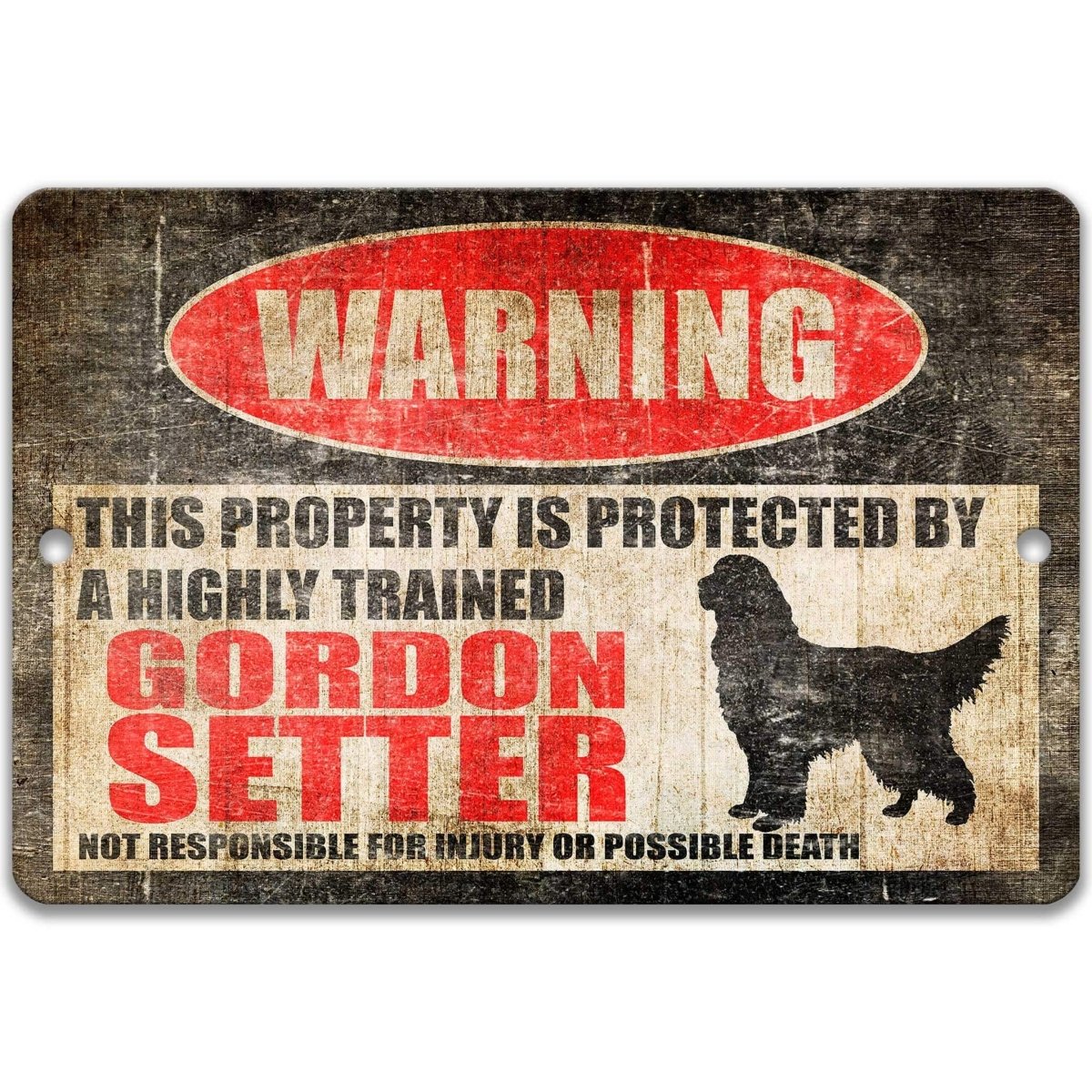 Gordon Setter warning sign, red WARNING oval, this property is protected by a highly trained Gordon Setter, with Gordon Setter dog silhouette