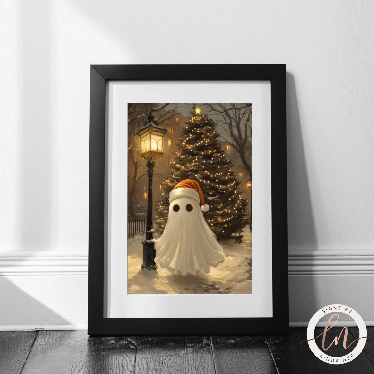 Ghost in a Santa hat by a street lamp with a Christmas tree glowing behind