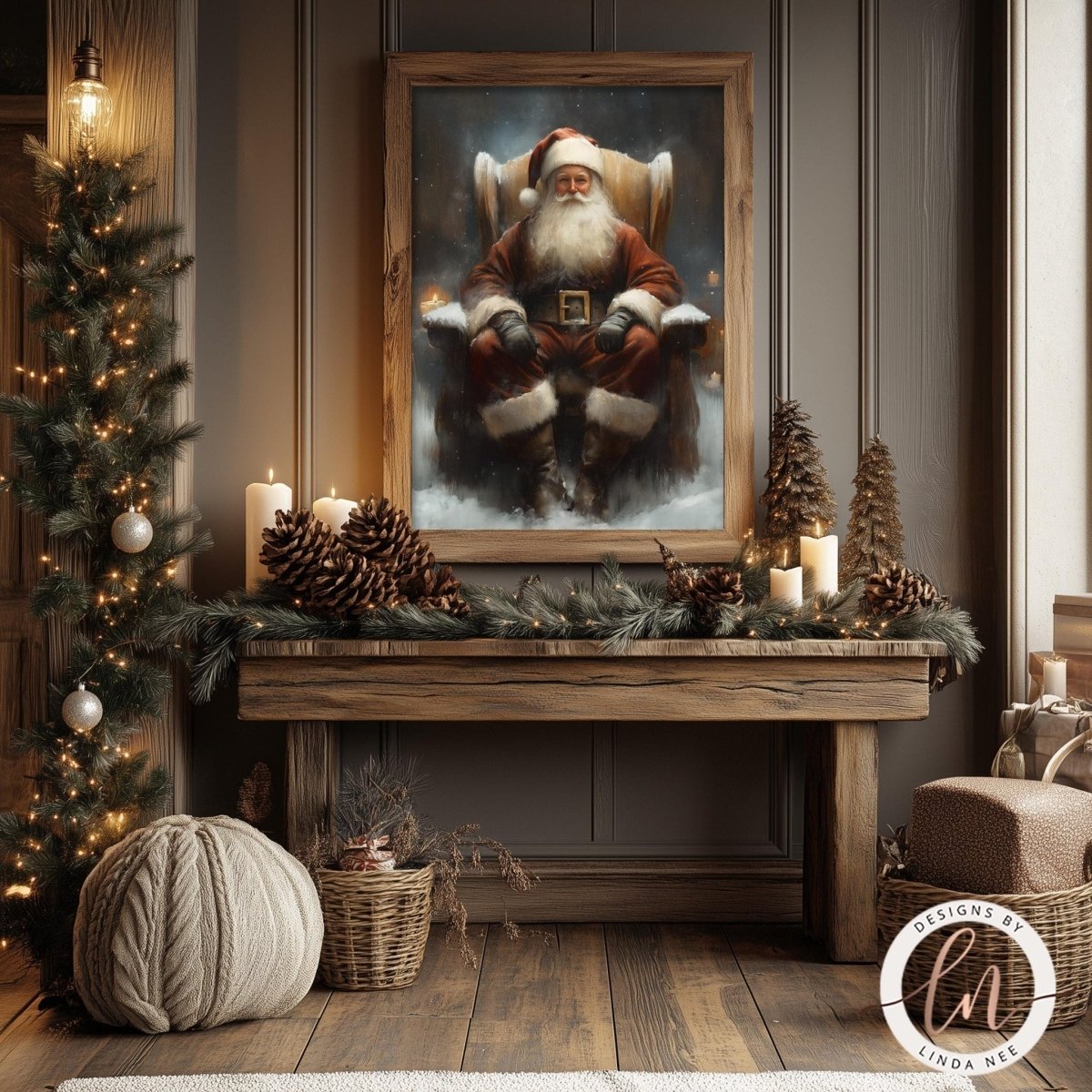 Santa Claus print displayed above a console table with pine cones, candles and a wreath