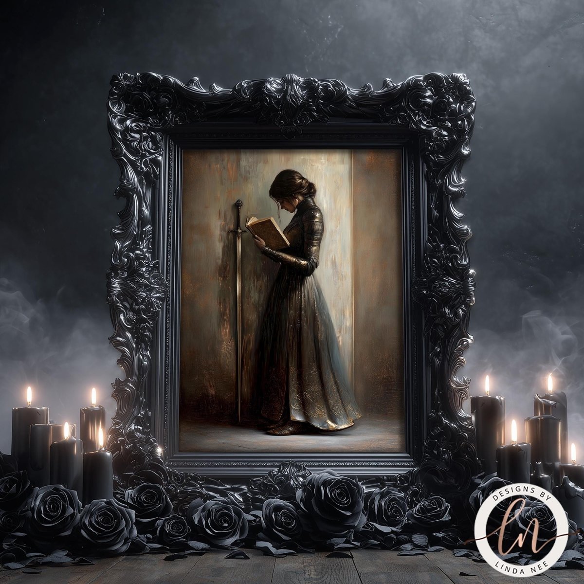 a woman in a long dress holding a book, standing in a dark, ornate frame surrounded by candles and roses.