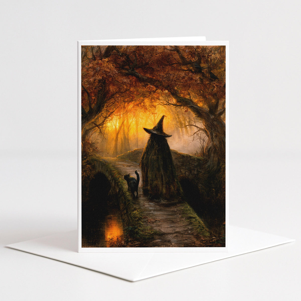 Witch walking a forest path with a black cat under autumn trees, 5x7 blank note card by Linda Nee