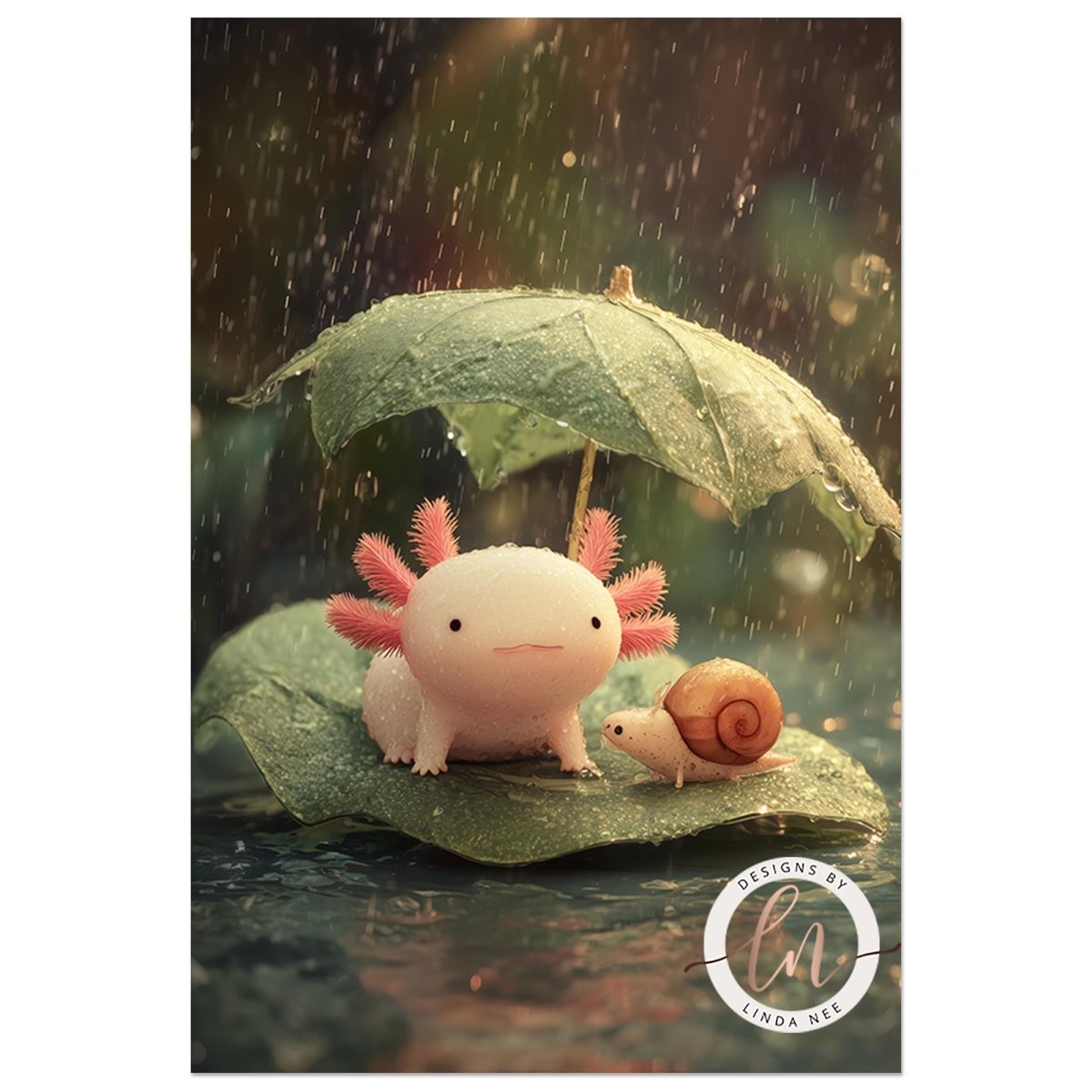 A small pink axolotl figurine sits on a green leaf, holding an umbrella over a smaller snail, in a rainy scene.