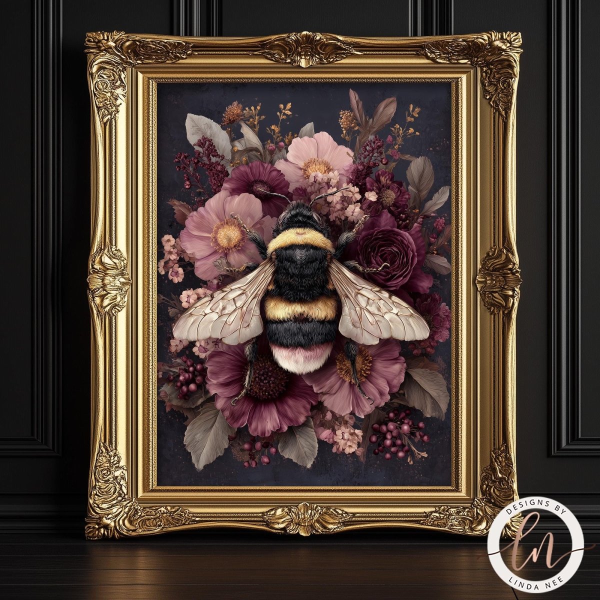a framed painting of a bee surrounded by a vibrant floral arrangement.