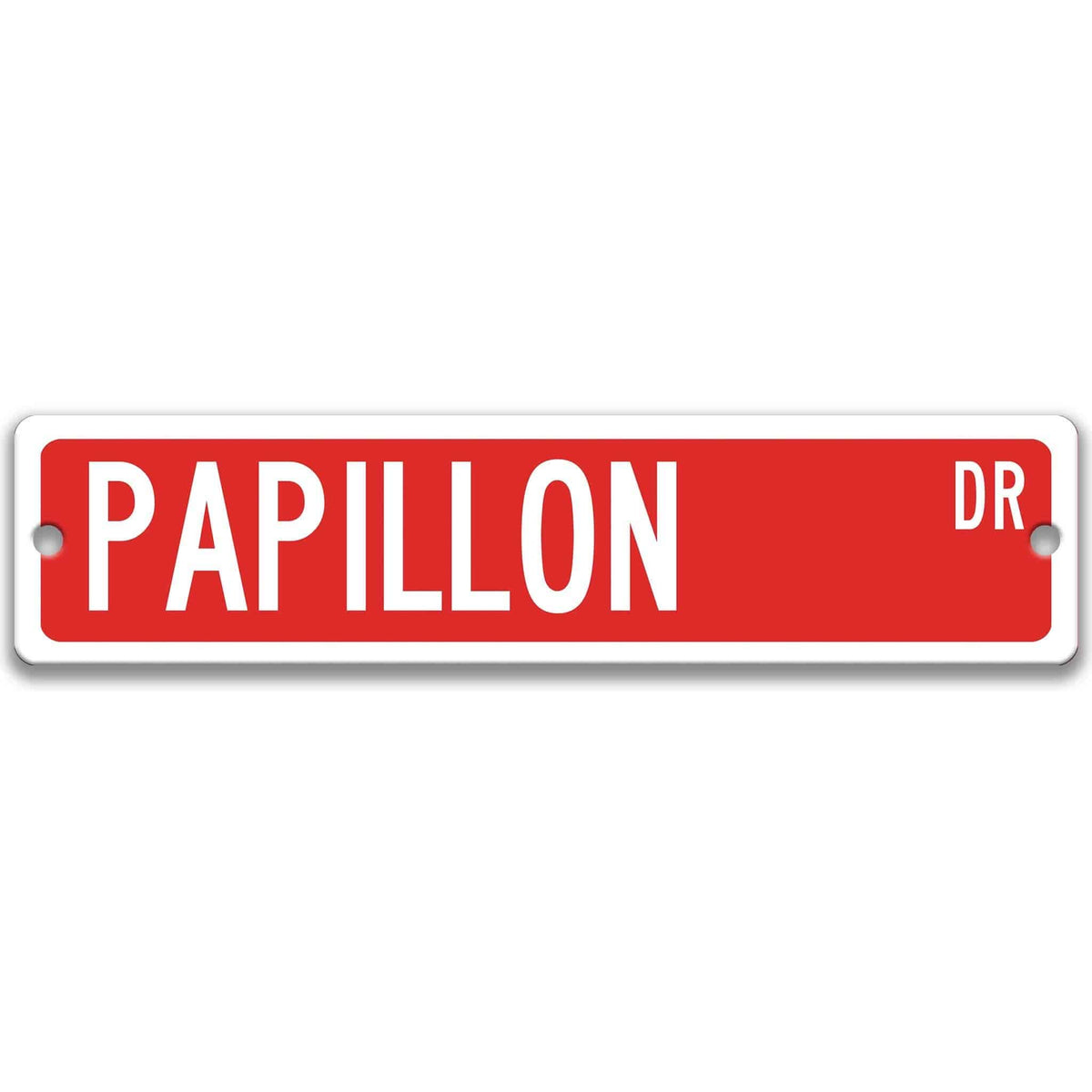 Red Papillon DR aluminum street sign with white lettering