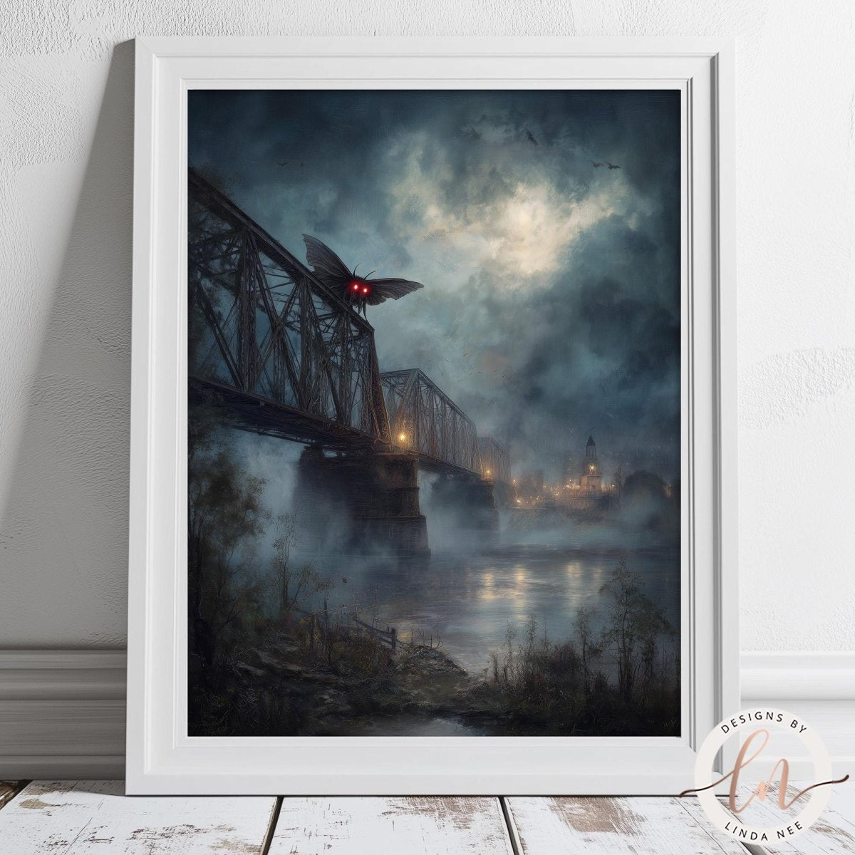 The image is a painting depicting a bridge with a large butterfly-like creature flying over it, set against a dark, stormy sky.