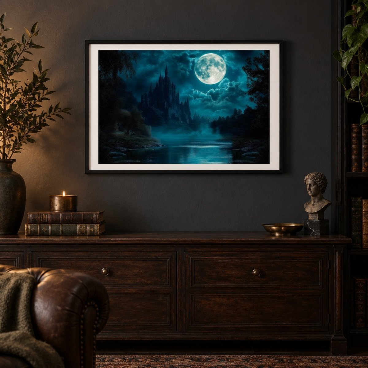 a dark room with a large framed picture of a castle and a full moon hanging on the wall. The room also contains a wooden dresser, a vase, and some books.