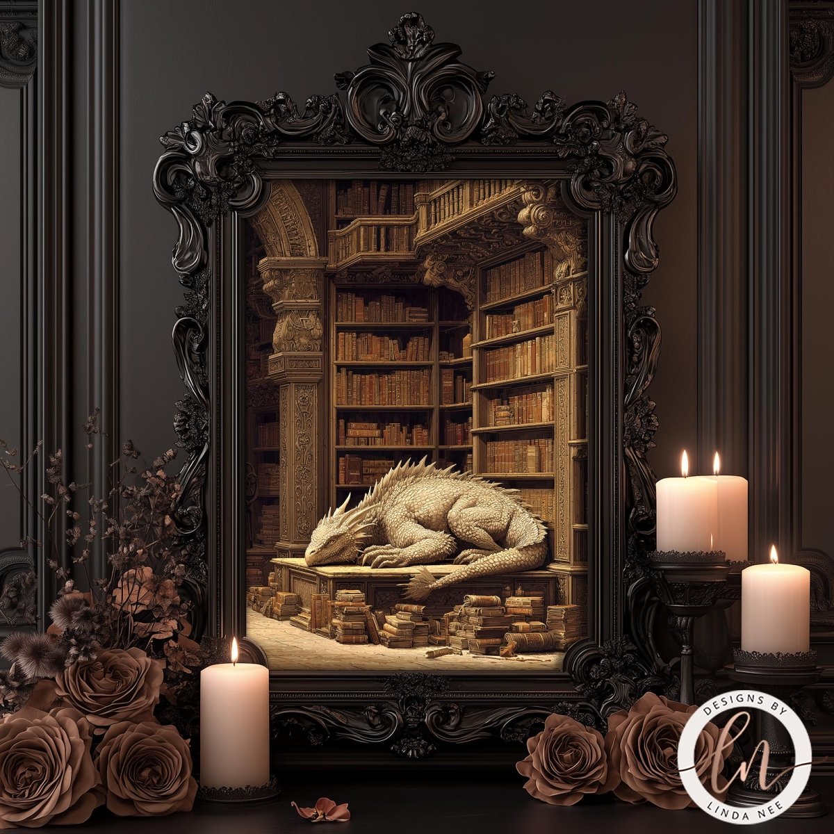 a large, ornate, black frame with a painting of a dragon resting on a bookshelf. The frame is surrounded by candles and flowers, creating a warm and inviting atmosphere.