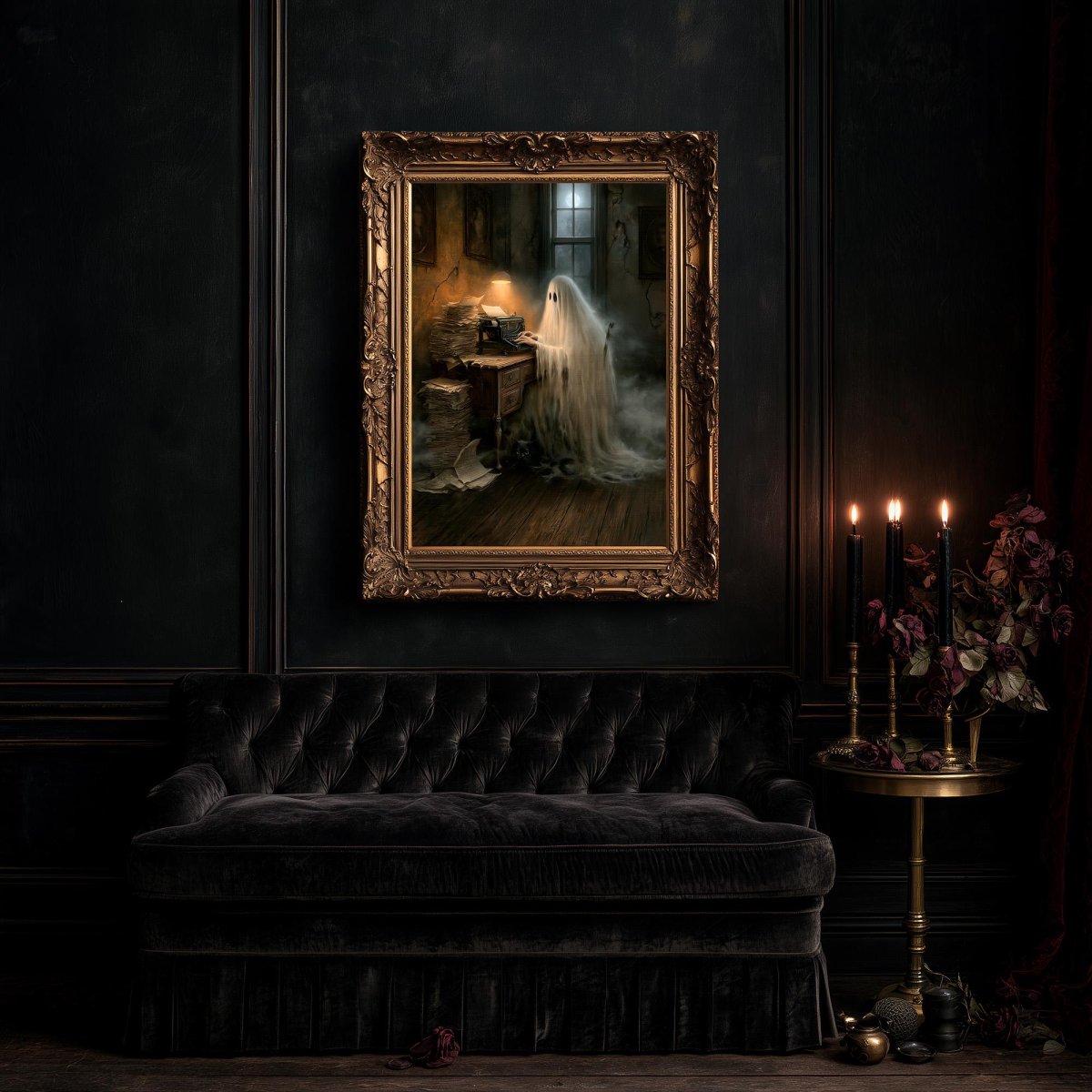 Large ghost writer print above a black tufted sofa with candles and flowers
