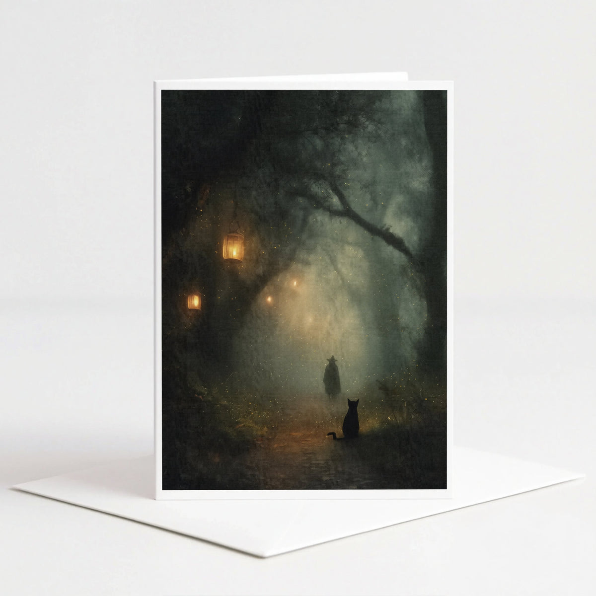 Foggy forest path lit by hanging lanterns with a distant witch and black cat, 5x7 note card