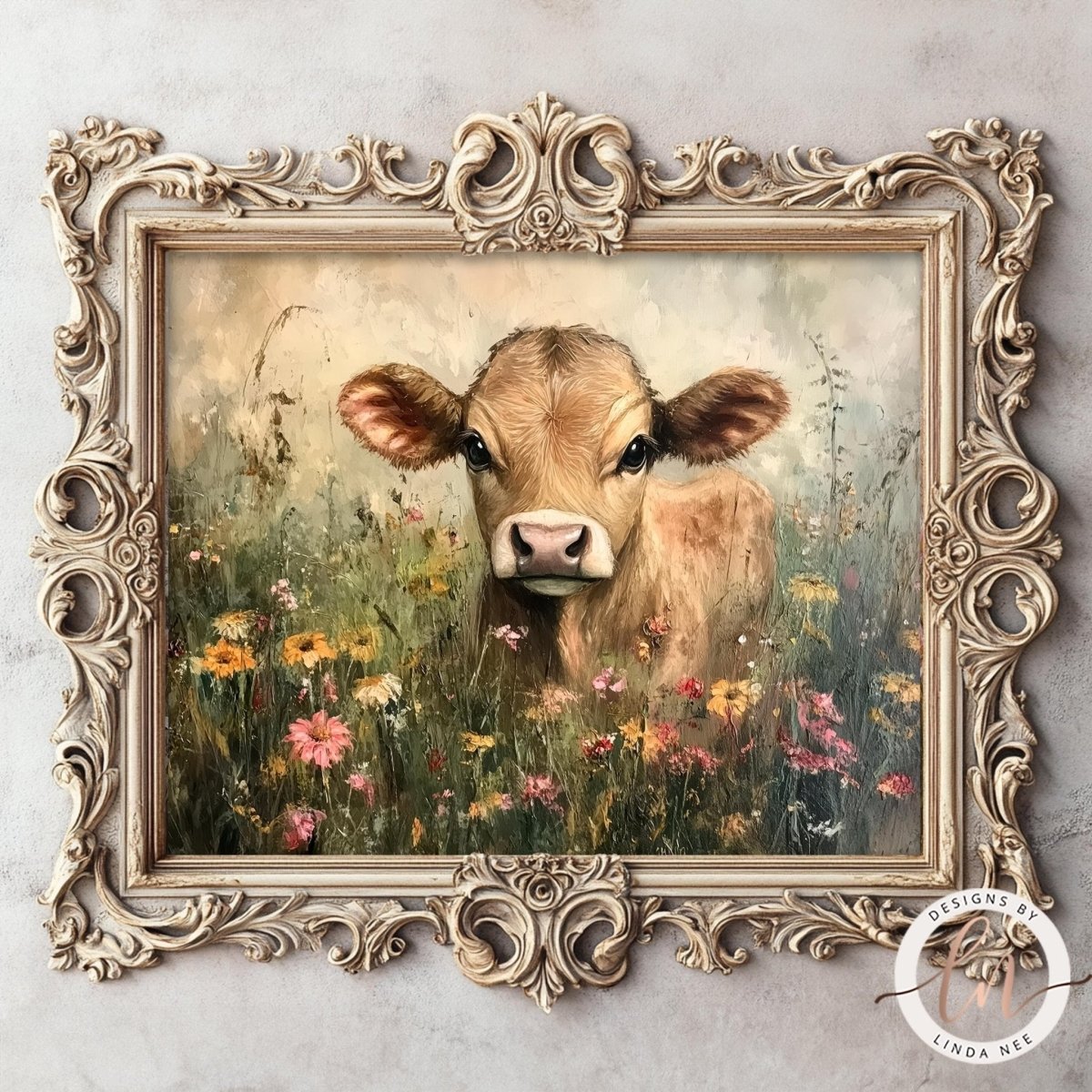 A painting of a cow surrounded by a field of colorful flowers, framed in an ornate, decorative wooden frame.
